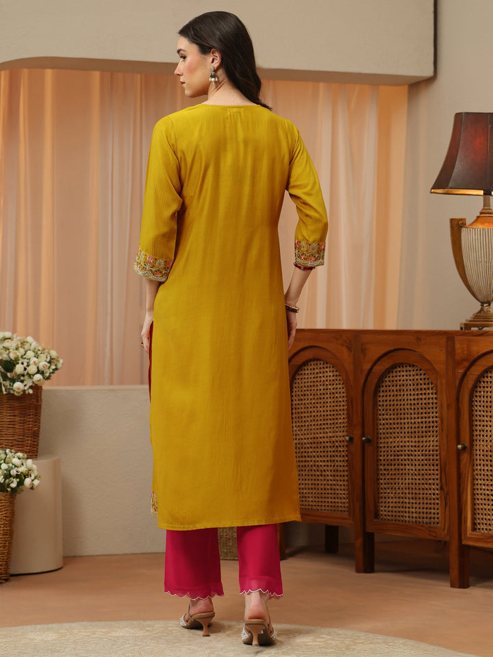 Mustard Floral Embroidered Silk Blend Straight Kurta