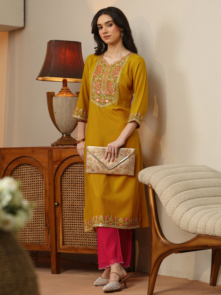 Mustard Floral Embroidered Silk Blend Straight Kurta