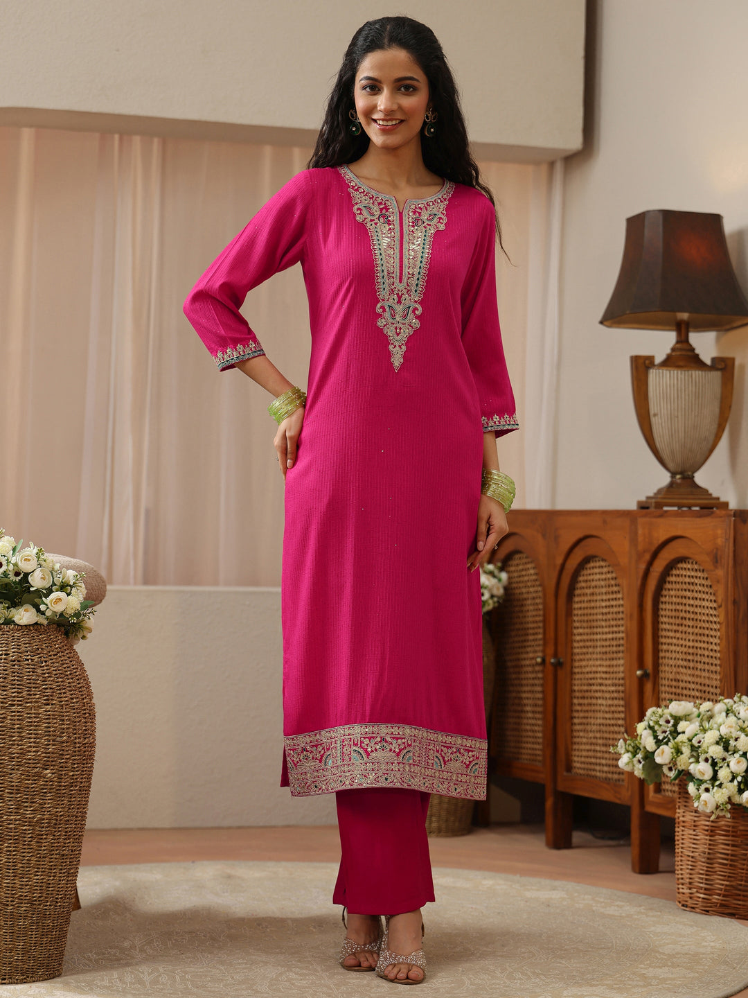 Fuchsia Pink Yoke Design Silk Blend Straight Kurta