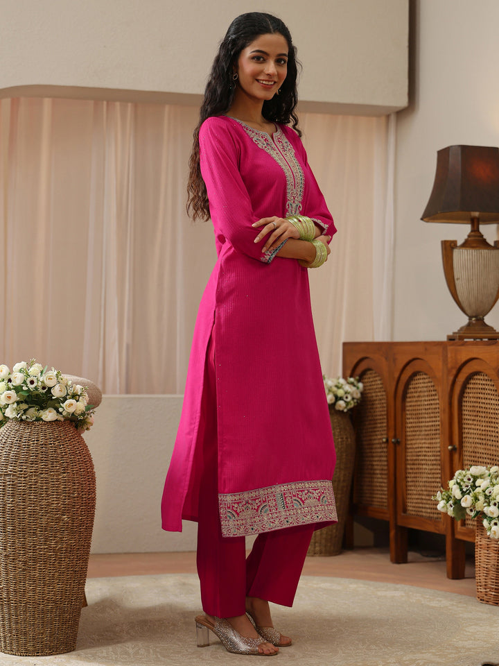 Fuchsia Pink Yoke Design Silk Blend Straight Kurta