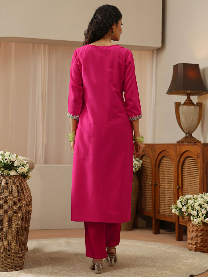 Fuchsia Pink Yoke Design Silk Blend Straight Kurta