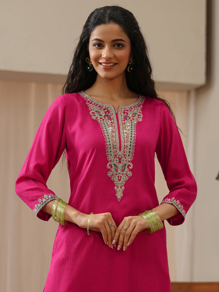 Fuchsia Pink Yoke Design Silk Blend Straight Kurta