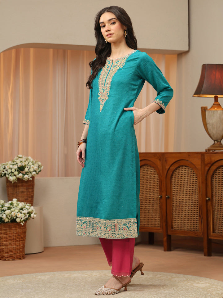 Aqua Blue Yoke Design Silk Blend Straight Kurta