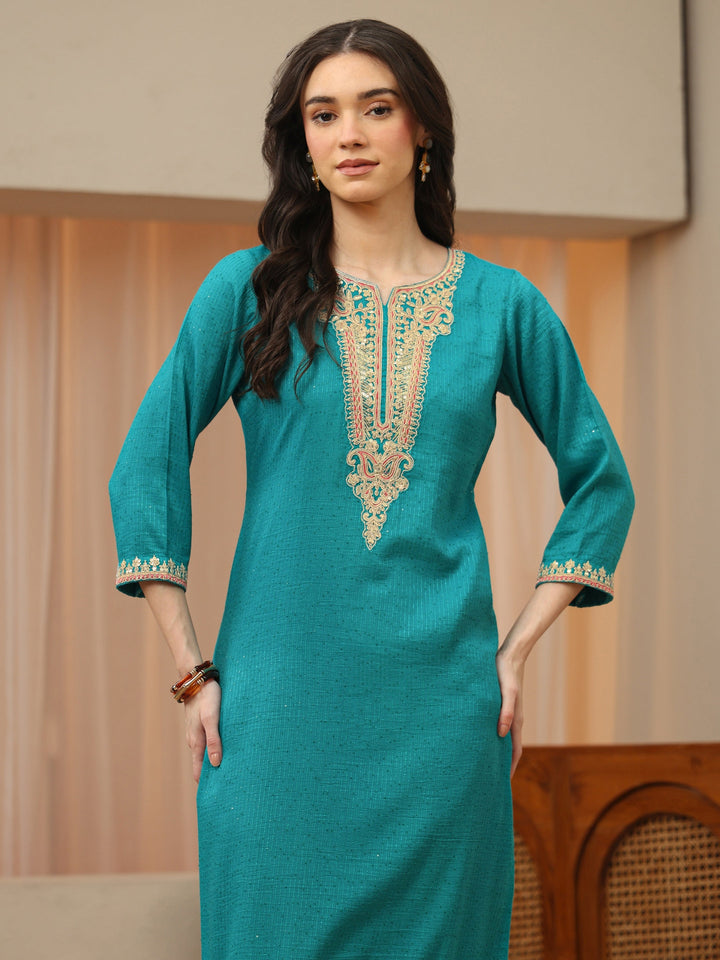 Aqua Blue Yoke Design Silk Blend Straight Kurta