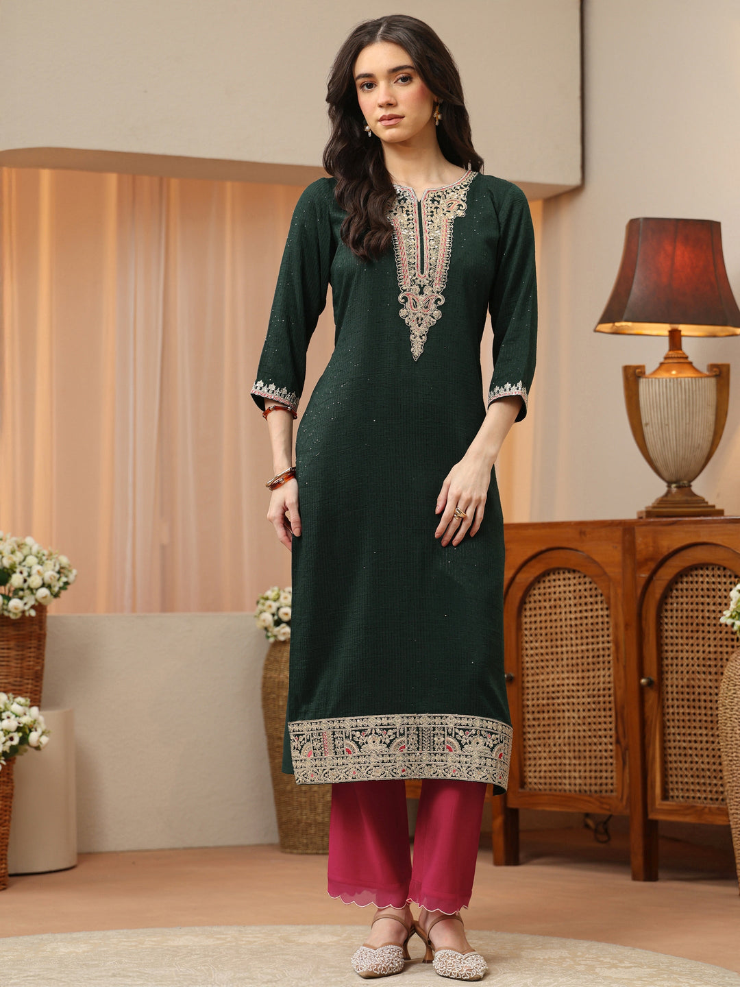 Forest Green Yoke Design Silk Blend Straight Kurta