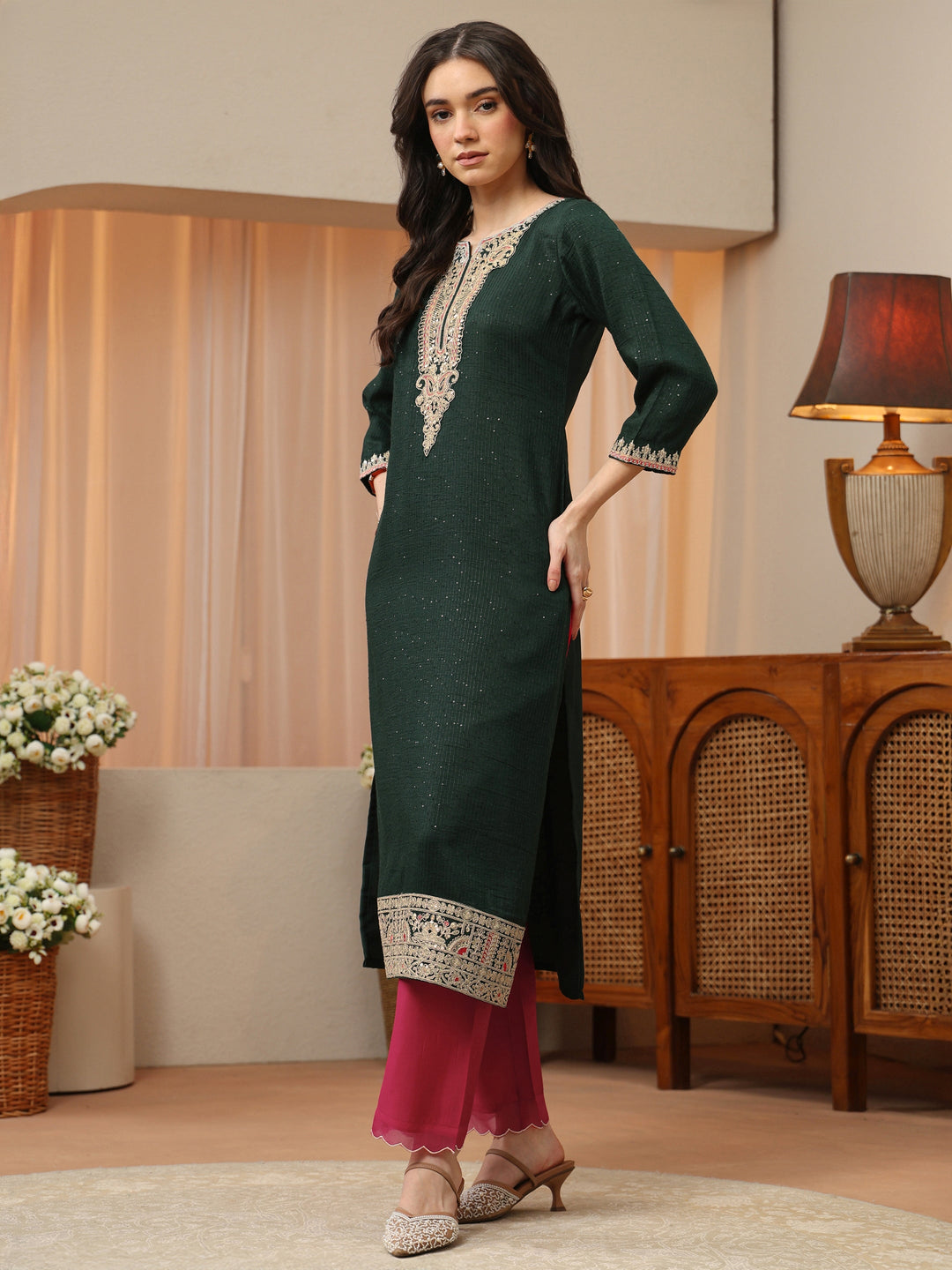 Forest Green Yoke Design Silk Blend Straight Kurta