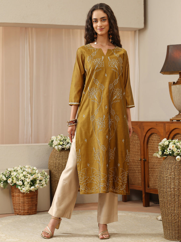 Antique Golden Sequined Floral Silk Blend Straight Kurta