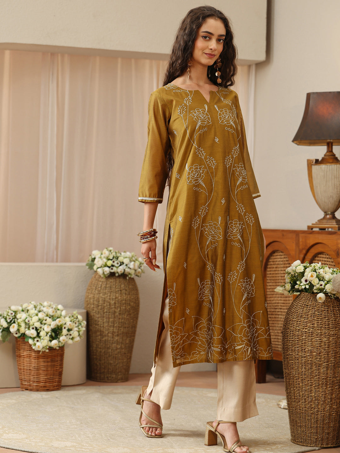 Antique Golden Sequined Floral Silk Blend Straight Kurta
