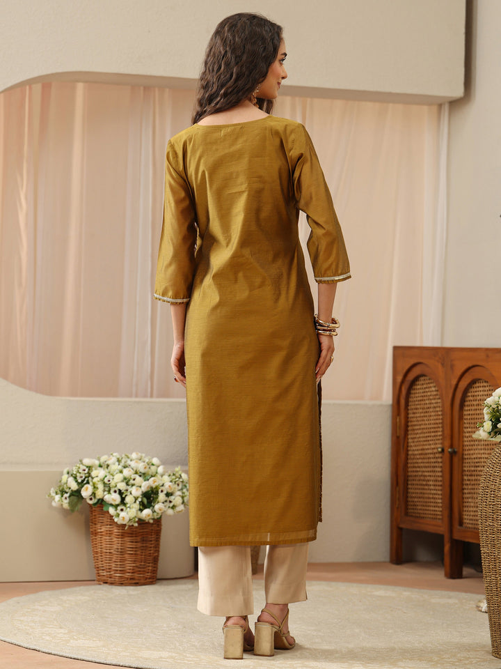 Antique Golden Sequined Floral Silk Blend Straight Kurta