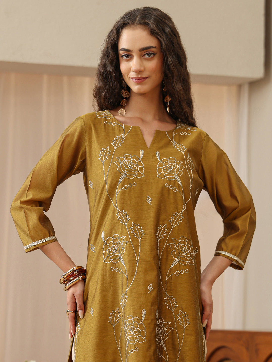Antique Golden Sequined Floral Silk Blend Straight Kurta