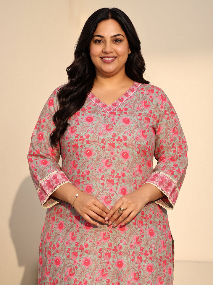 Plus Size Pastel Green Floral Printed Cotton Straight Kurta