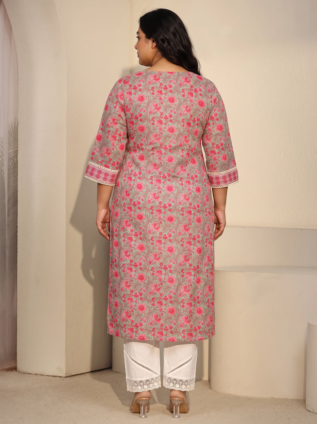 Plus Size Pastel Green Floral Printed Cotton Straight Kurta