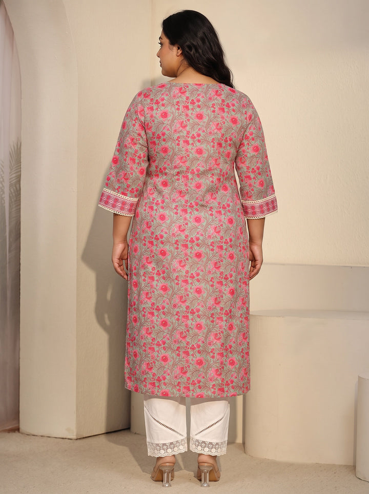 Plus Size Pastel Green Floral Printed Cotton Straight Kurta