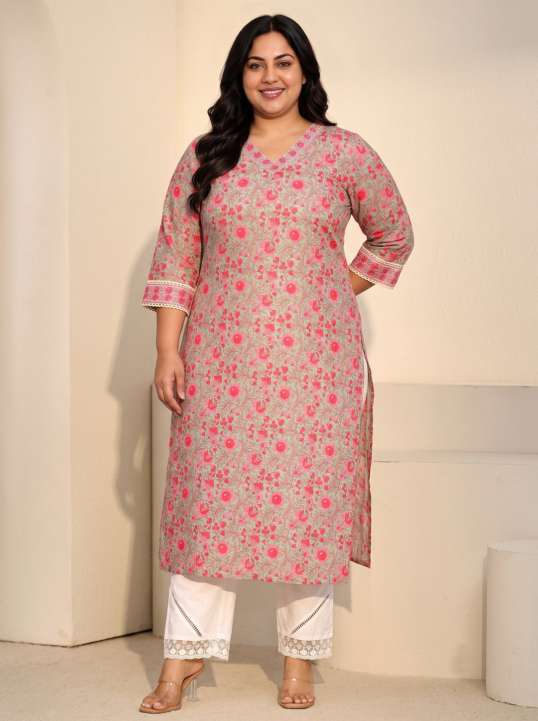 Plus Size Pastel Green Floral Printed Cotton Straight Kurta