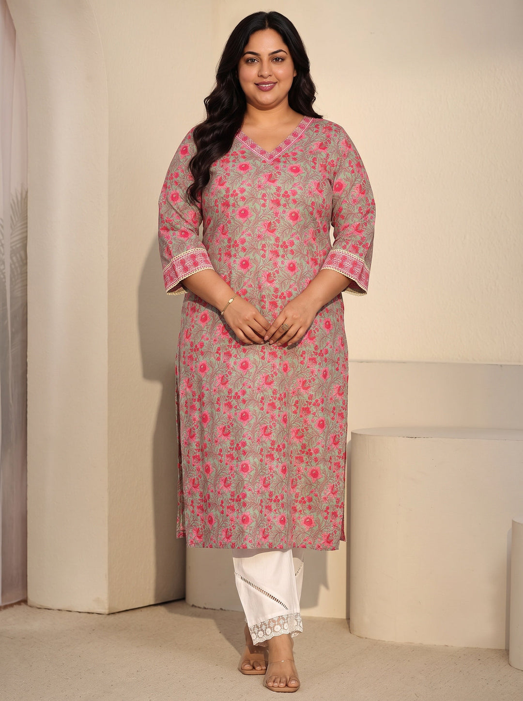 Plus Size Pastel Green Floral Printed Cotton Straight Kurta