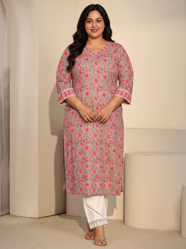 Plus Size Pastel Green Floral Printed Cotton Straight Kurta
