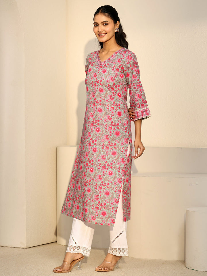 Libas Pastel Green Floral Printed Cotton Straight Kurta