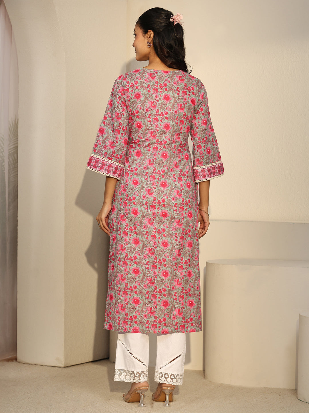 Libas Pastel Green Floral Printed Cotton Straight Kurta