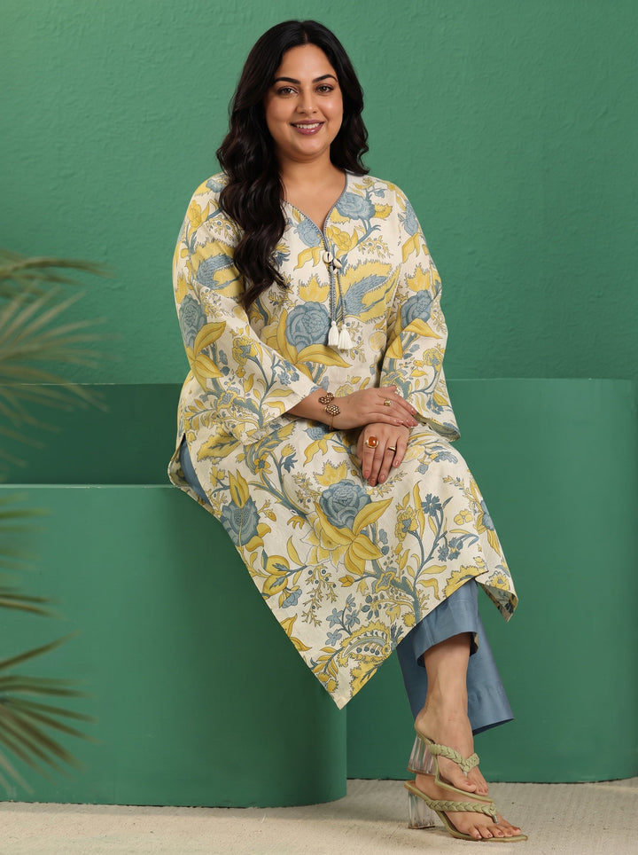 Plus Size Off White Floral Printed Cotton Straight Kurta