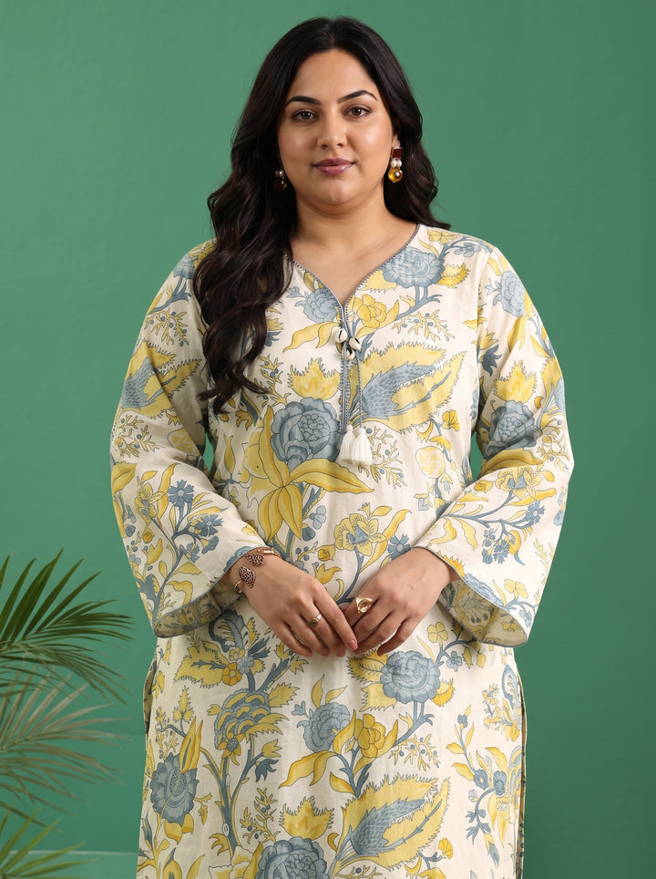 Plus Size Off White Floral Printed Cotton Straight Kurta