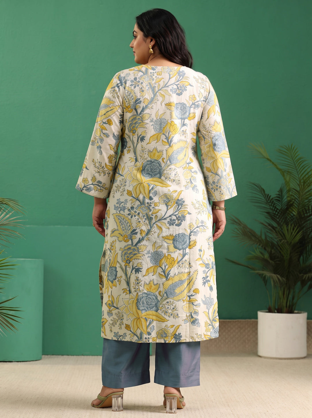 Plus Size Off White Floral Printed Cotton Straight Kurta