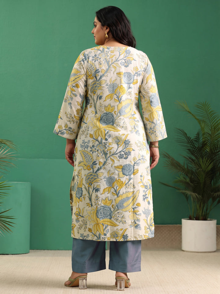 Plus Size Off White Floral Printed Cotton Straight Kurta
