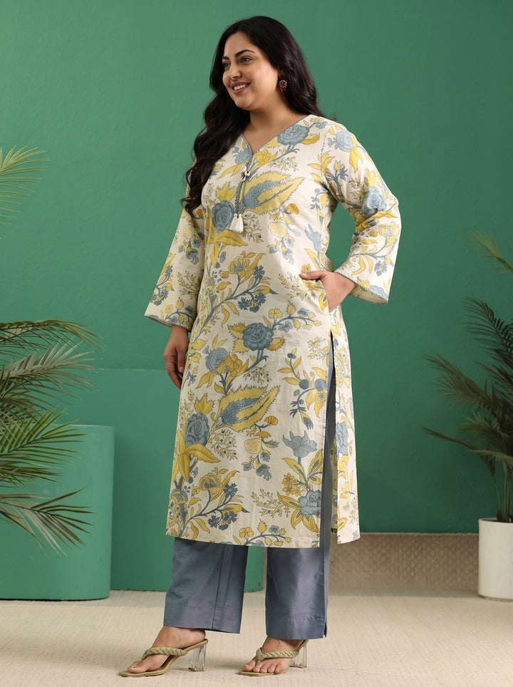 Plus Size Off White Floral Printed Cotton Straight Kurta