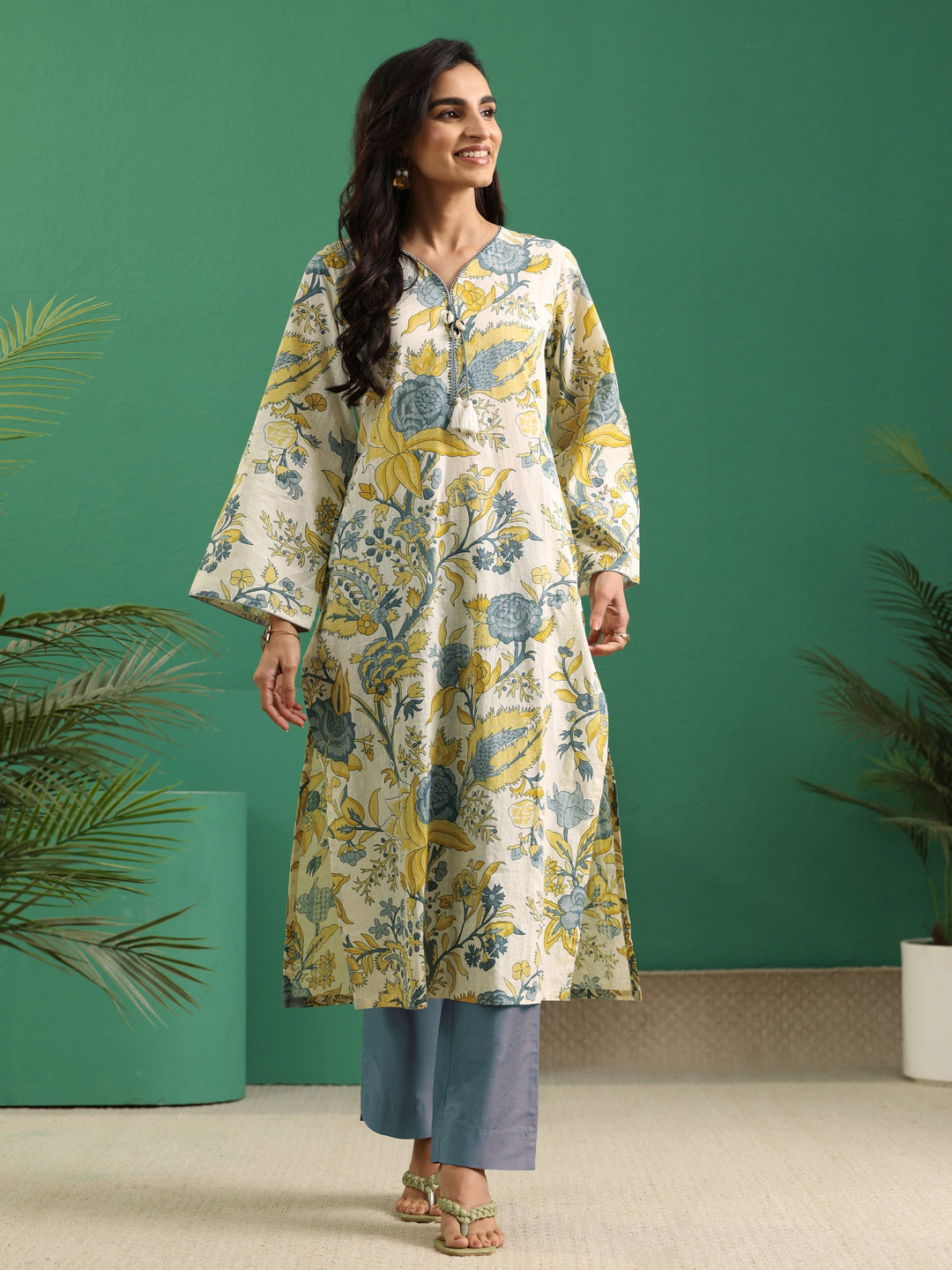 Libas Off White Floral Printed Cotton Straight Kurta
