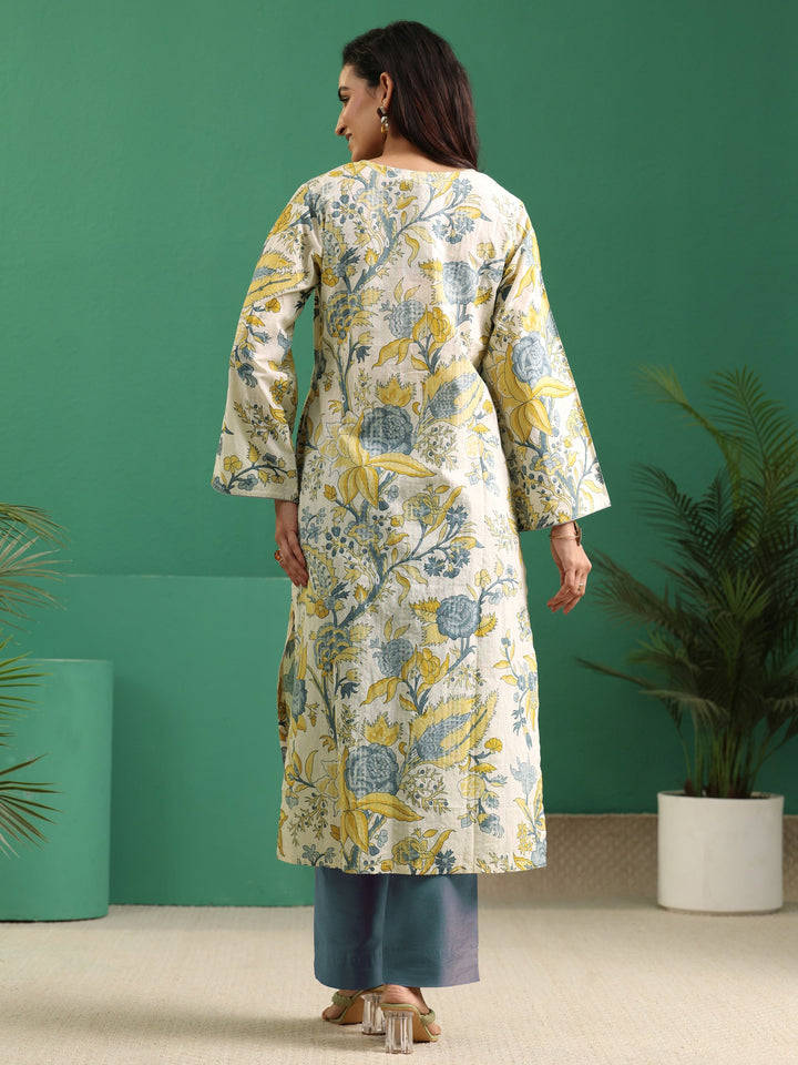 Libas Off White Floral Printed Cotton Straight Kurta
