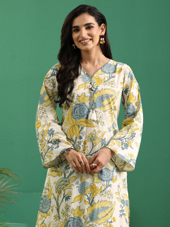 Libas Off White Floral Printed Cotton Straight Kurta