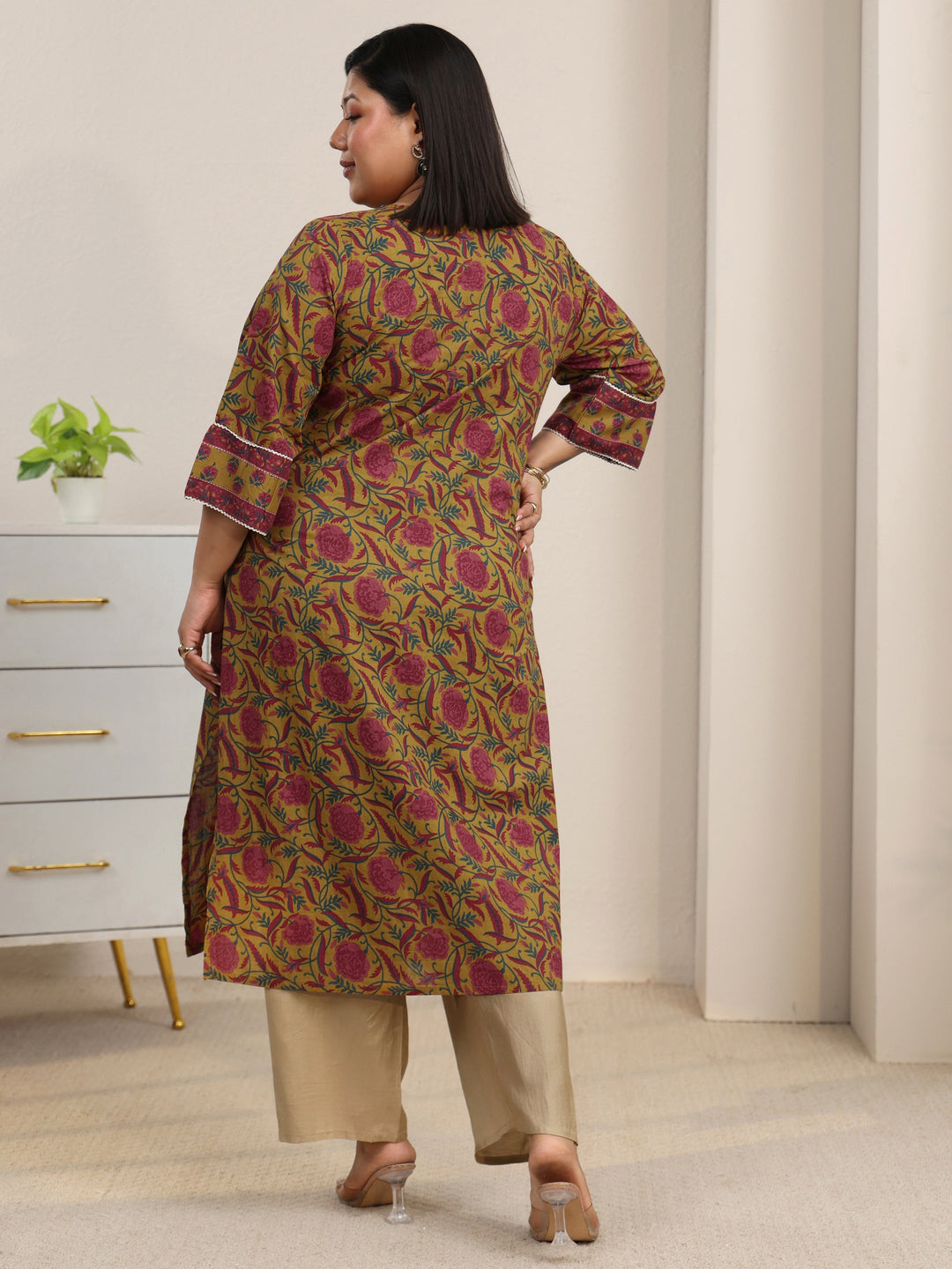 Plus Size Mustard Floral Printed Cotton Straight Kurta