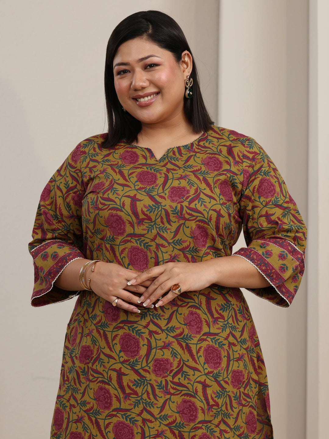 Plus Size Mustard Floral Printed Cotton Straight Kurta