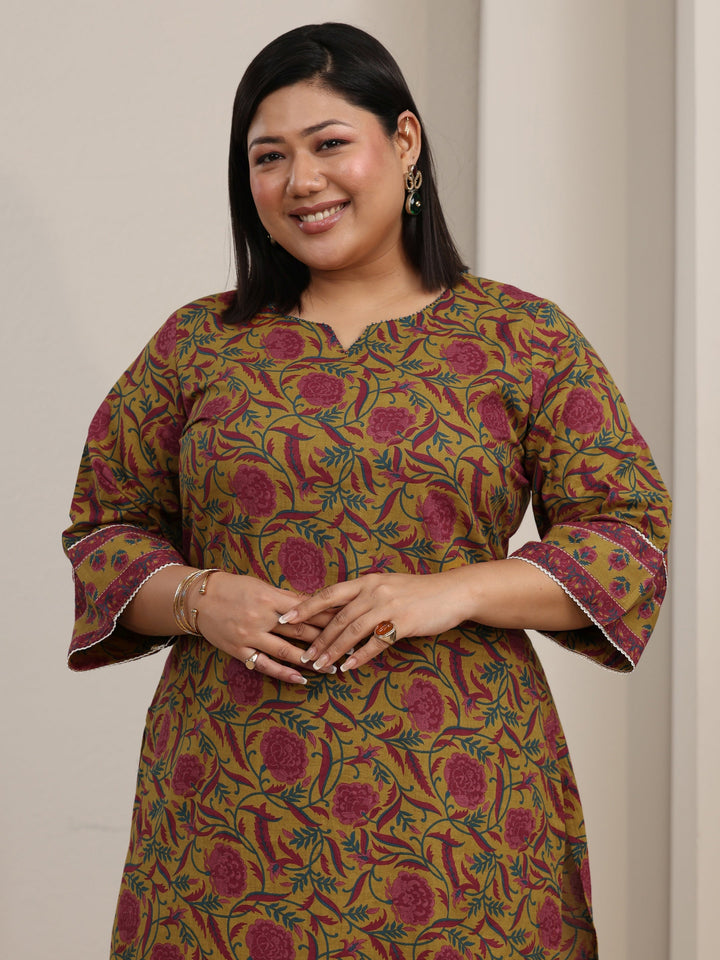 Plus Size Mustard Floral Printed Cotton Straight Kurta