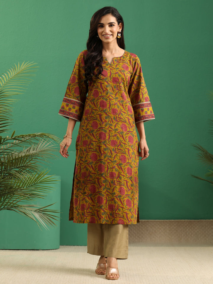 Libas Mustard Floral Printed Cotton Straight Kurta