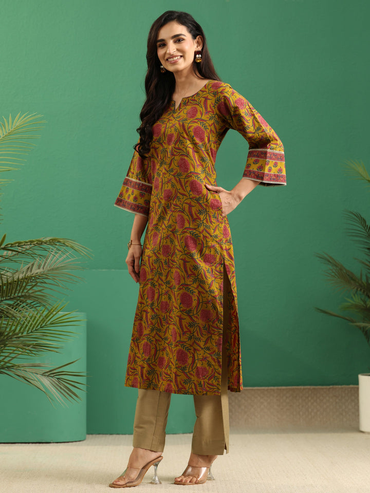 Libas Mustard Floral Printed Cotton Straight Kurta