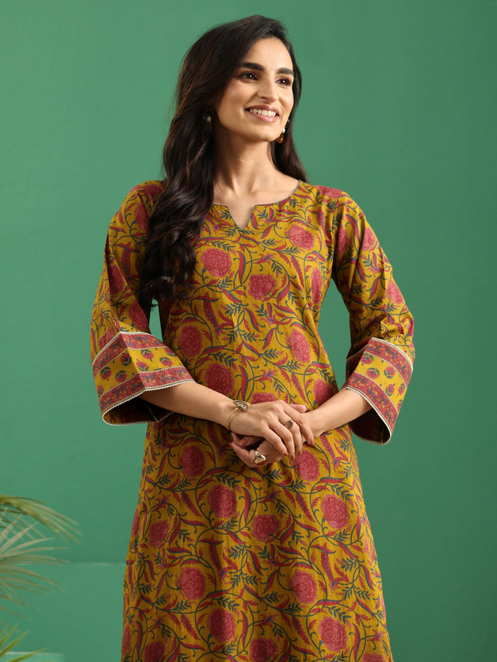 Libas Mustard Floral Printed Cotton Straight Kurta