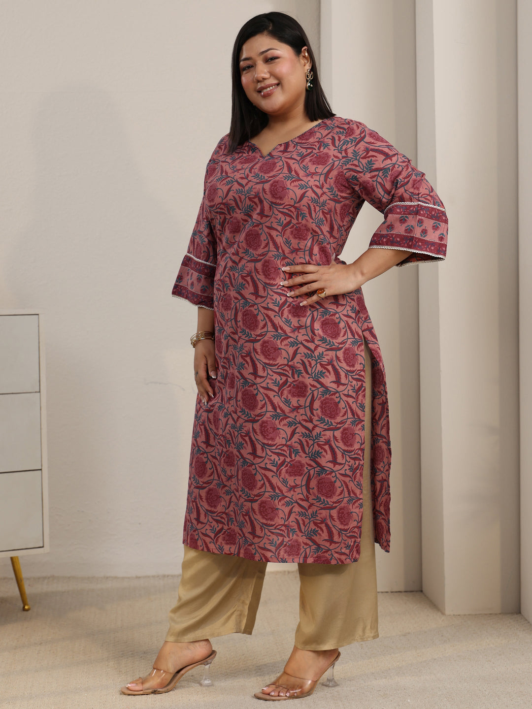 Plus Size Dusty Pink Floral Printed Cotton Straight Kurta