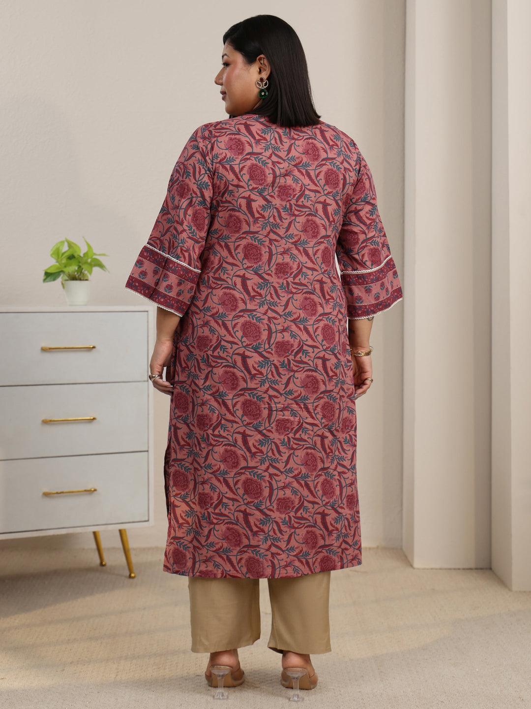 Plus Size Dusty Pink Floral Printed Cotton Straight Kurta