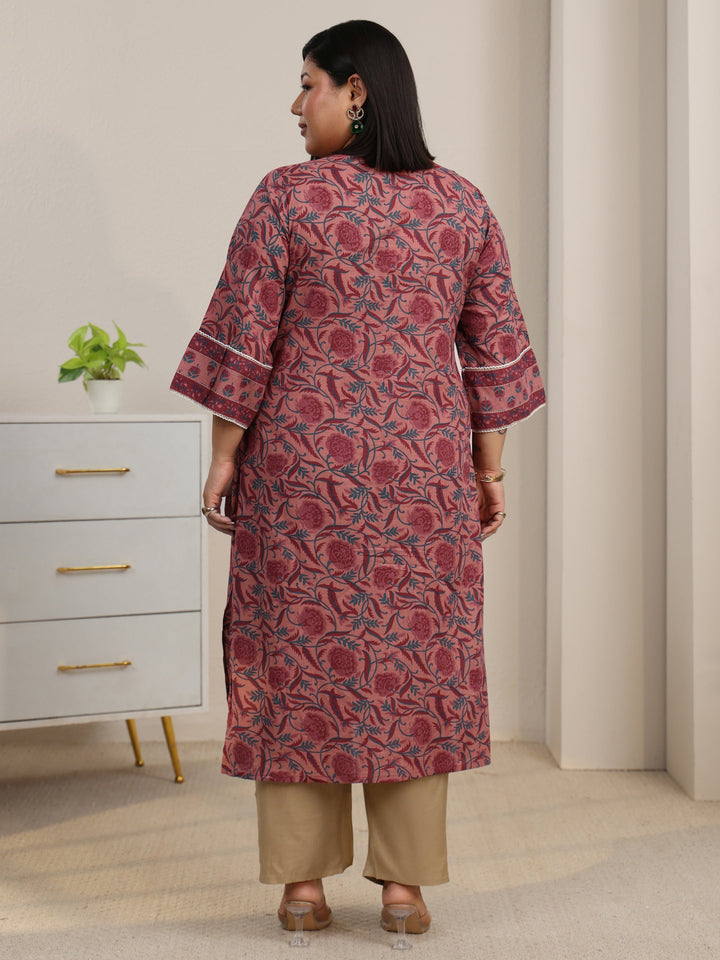 Plus Size Dusty Pink Floral Printed Cotton Straight Kurta