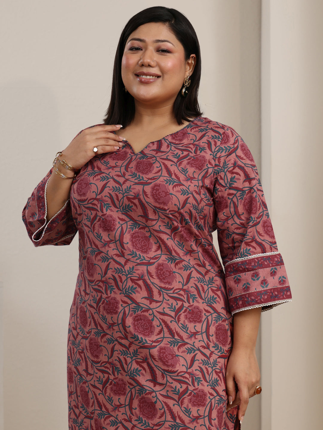 Plus Size Dusty Pink Floral Printed Cotton Straight Kurta