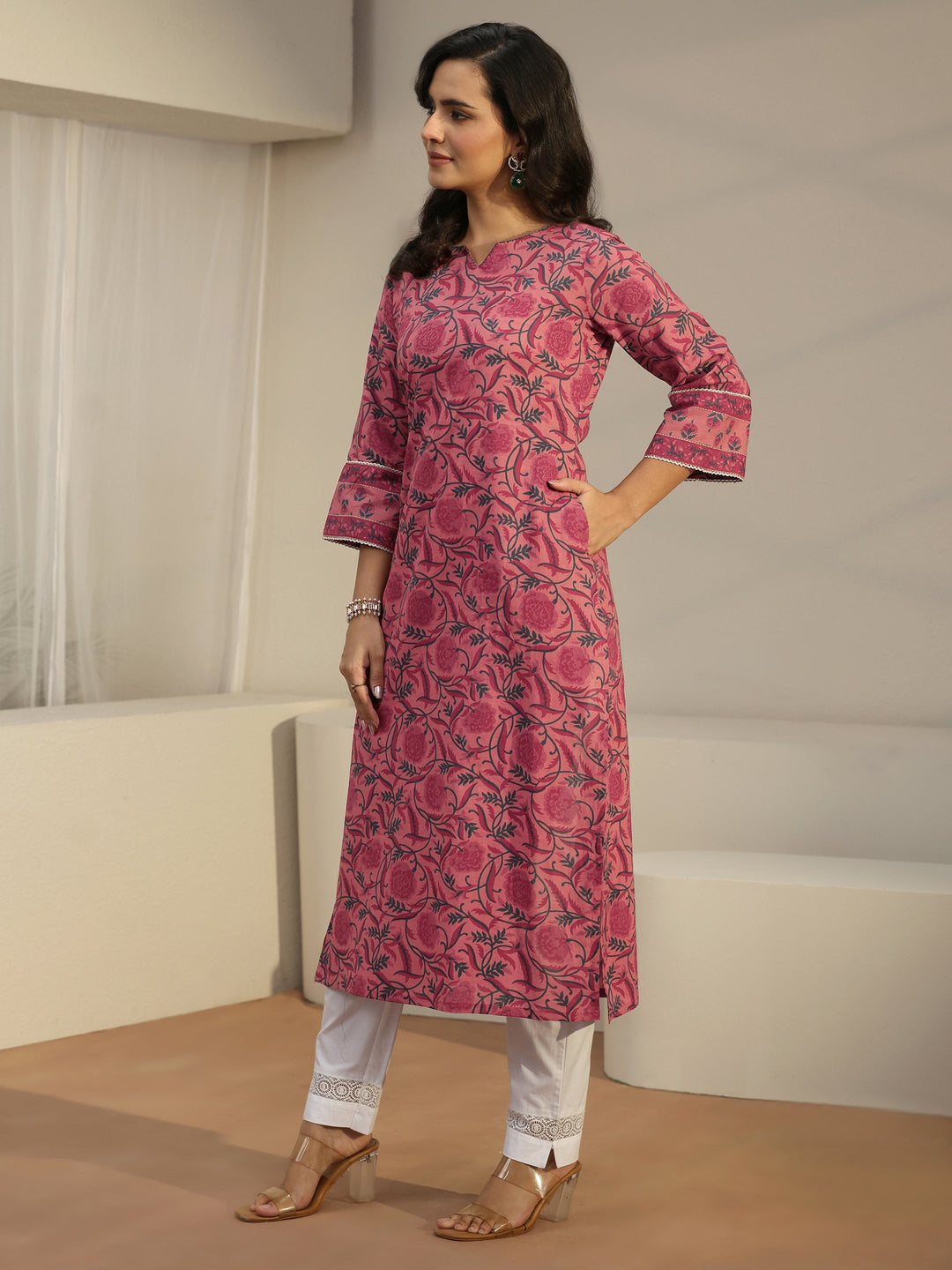 Libas Coral Floral Printed Cotton Straight Kurta