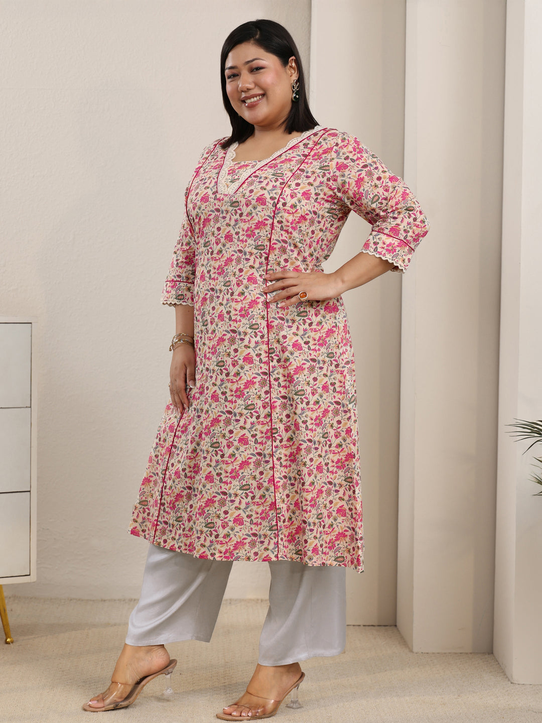 Plus Size Beige Floral Printed Cotton A-Line Kurta