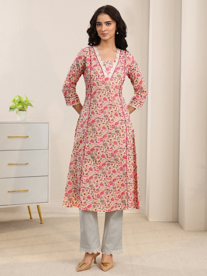 Libas Beige Floral Printed Cotton A-Line Kurta