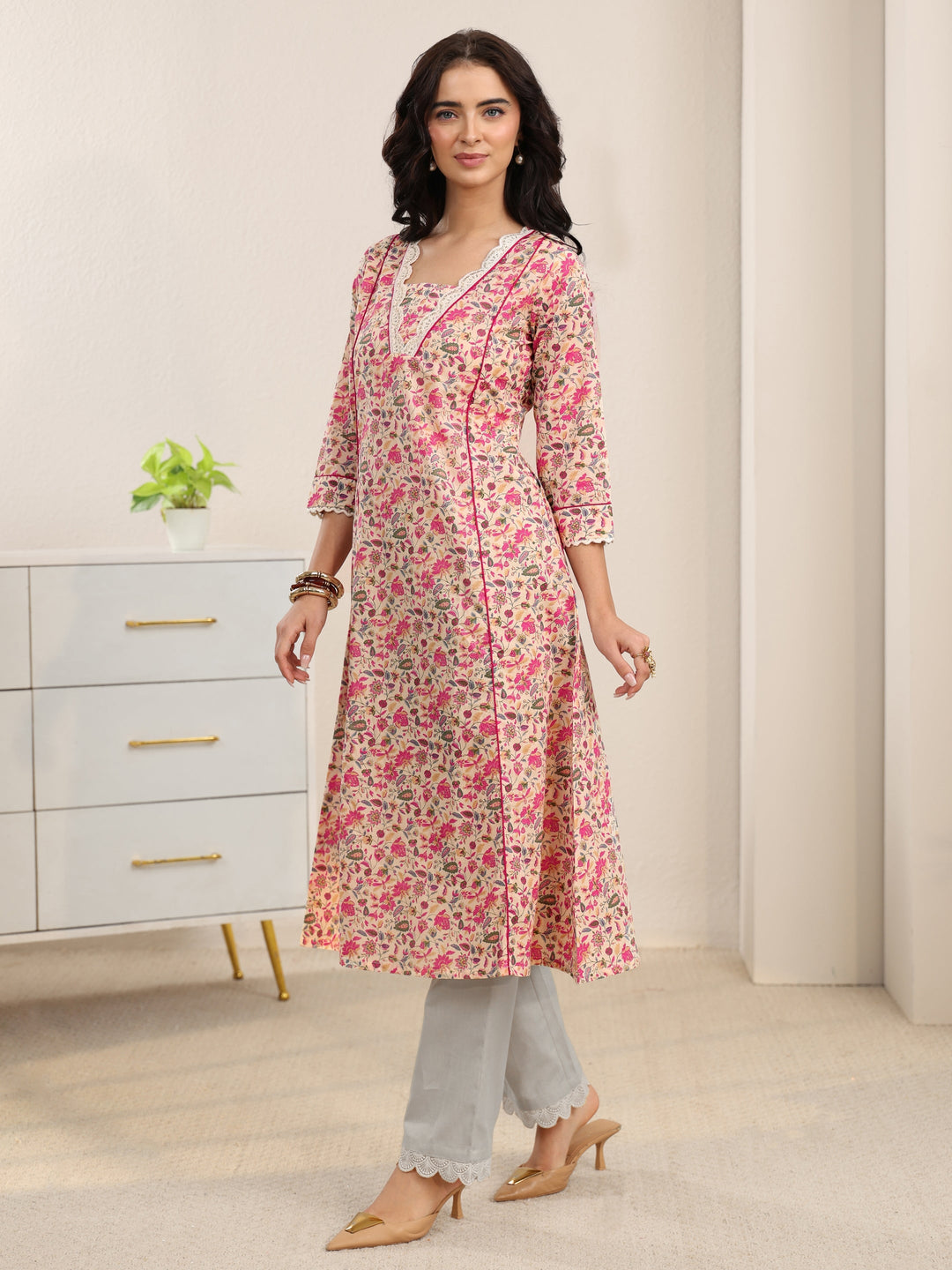 Libas Beige Floral Printed Cotton A-Line Kurta