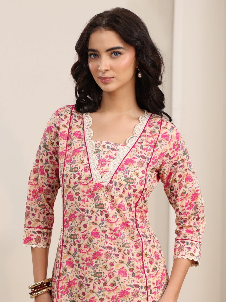 Libas Beige Floral Printed Cotton A-Line Kurta