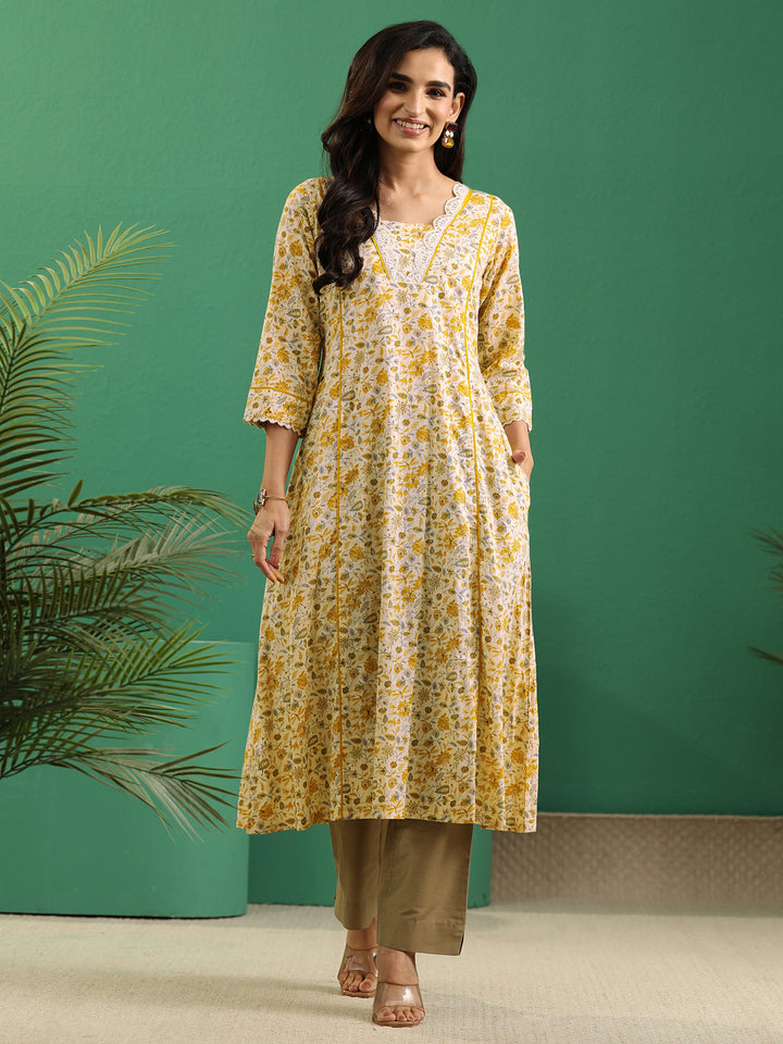 Libas Beige Floral Printed Cotton A-Line Kurta