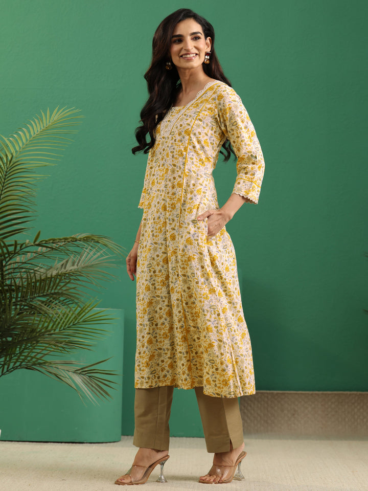 Libas Beige Floral Printed Cotton A-Line Kurta