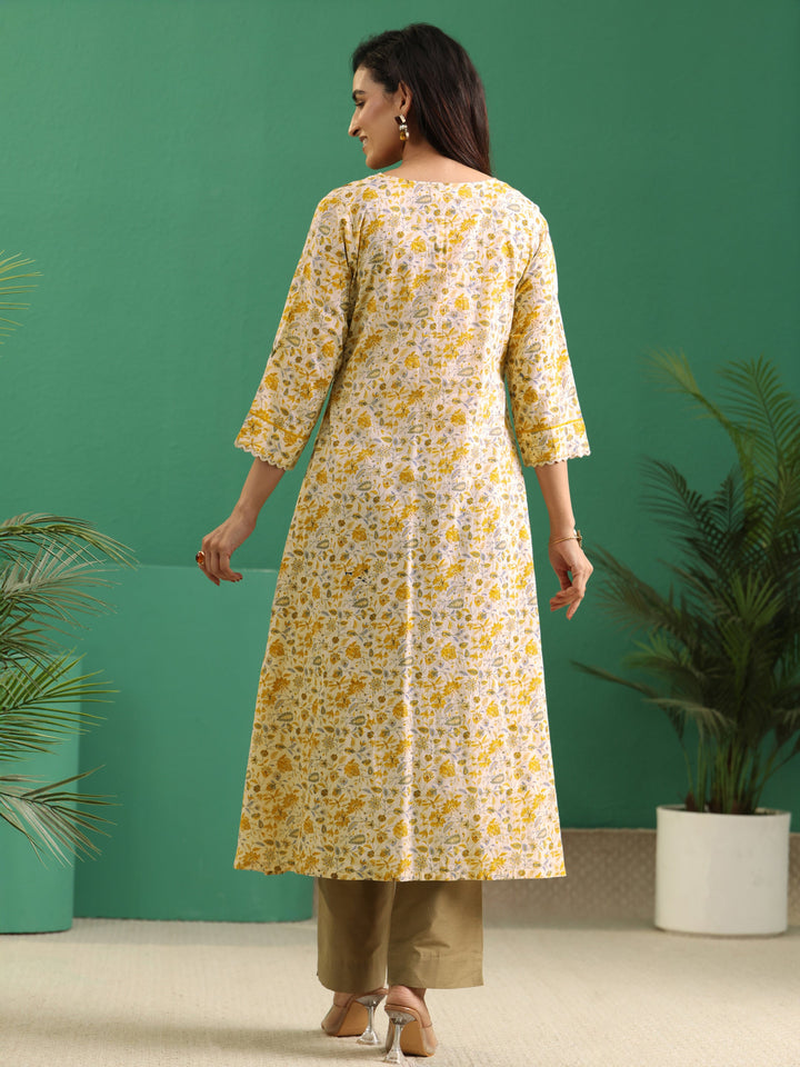 Libas Beige Floral Printed Cotton A-Line Kurta