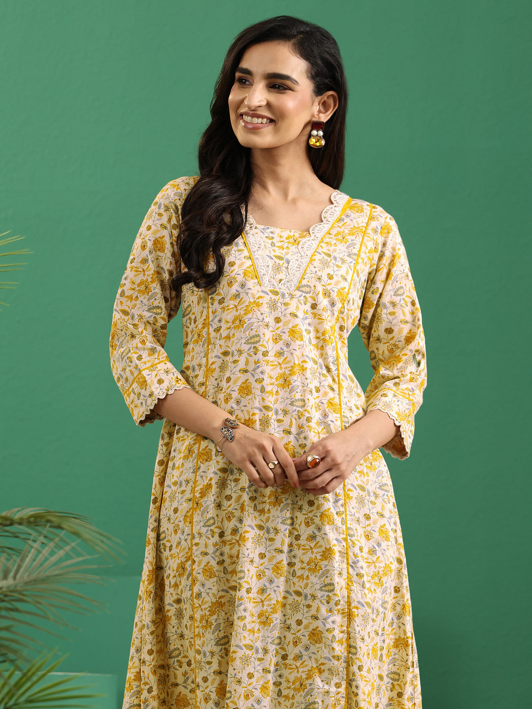 Libas Beige Floral Printed Cotton A-Line Kurta