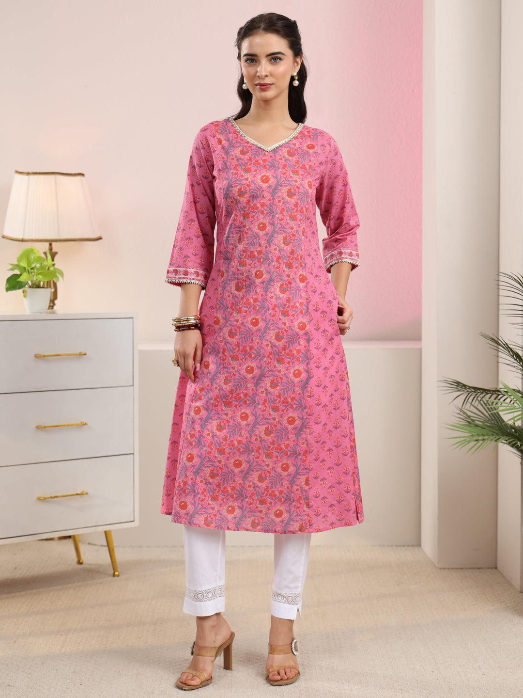 Libas Pink Floral Printed Cotton A-Line Kurta